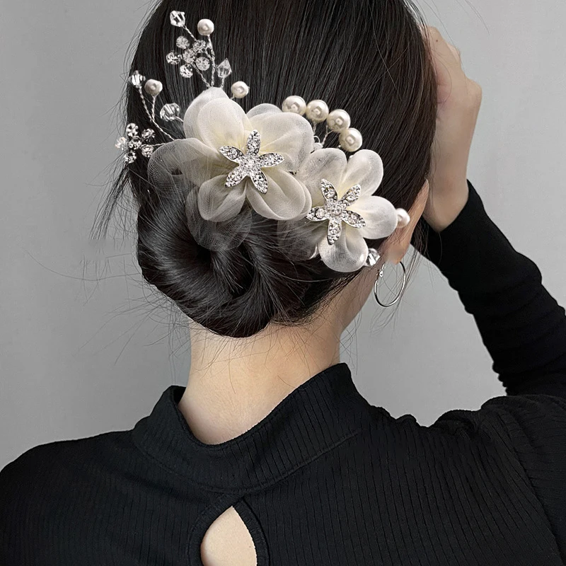 2024 Chiffon Blume Strass Haarkamm für Frauen Braut Kopfschmuck Haarnadeln Hochzeits feier Foto Requisiten Haarschmuck