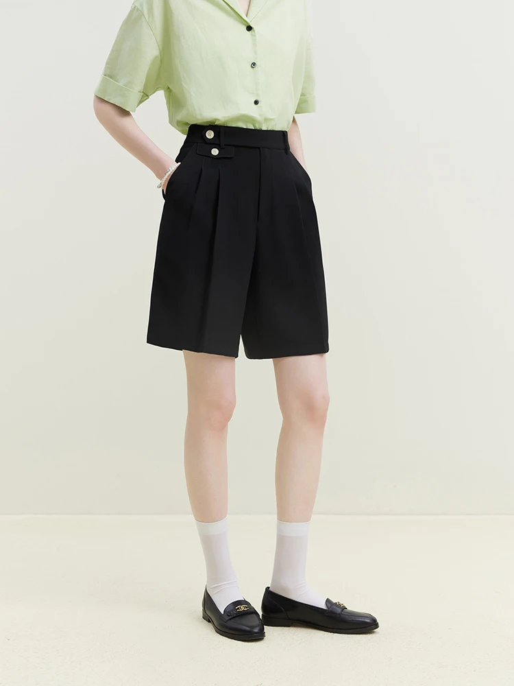 FSLE Office Lady Five-Point Suit Shorts High Waist Button Decoration Pleated Design Loose Solid Shorts Twill Commuter Bottoms