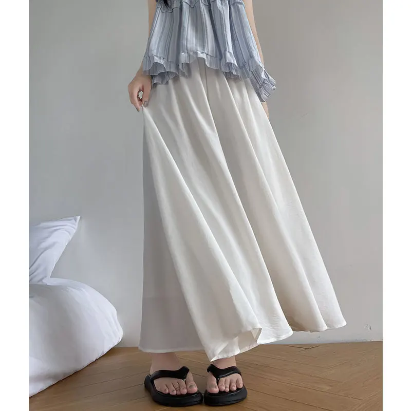 

White Culottes 2024 Summer Thin Ice Silk Pleated Skirt High Waist Drape Wide Leg Pants Women's Casual Trousers