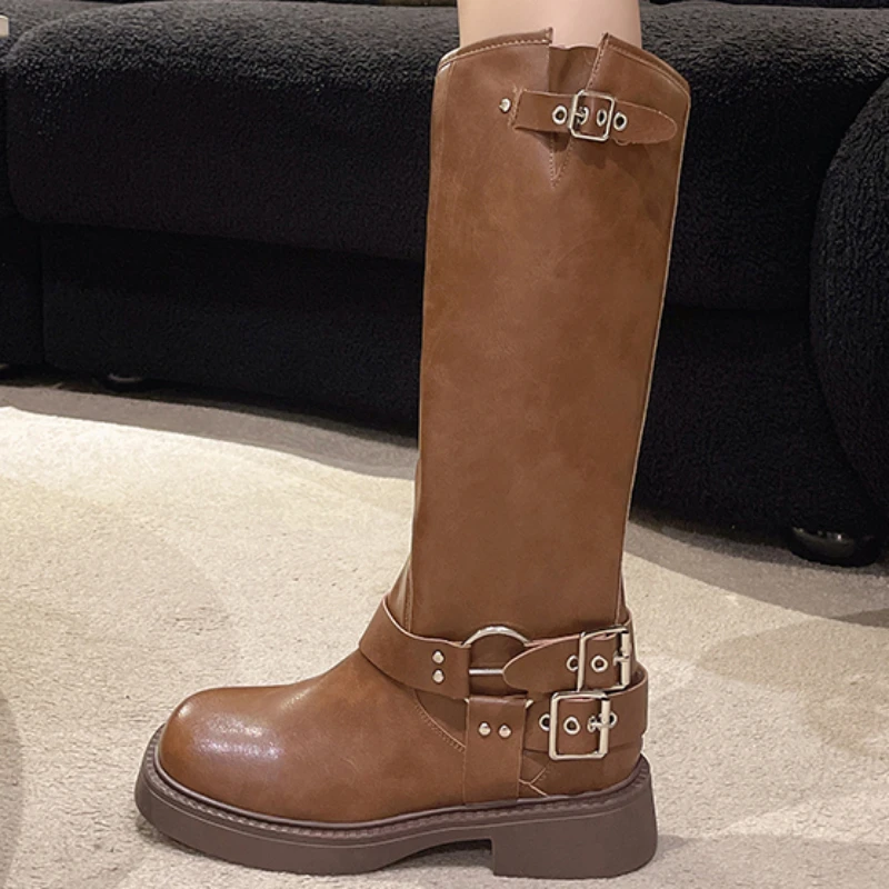 Shoes for Women 2023 Hot Sale Autumn Pull on Knee-High Women's Boots Solid Color Round Toe Platform Water Proof Western Boots