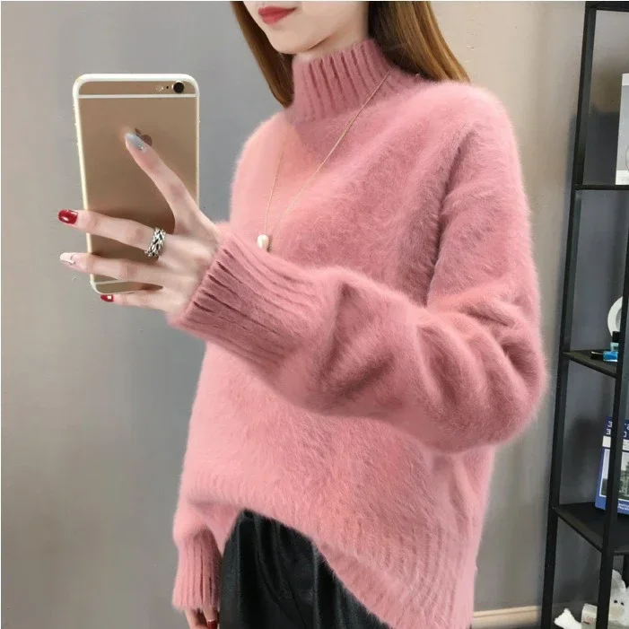 Winter Mink Faux Cashmere Thick Sweater Women Jumper White Pull Femme Loose Pullover Knitted Fluffy Sweaters For Women Winter