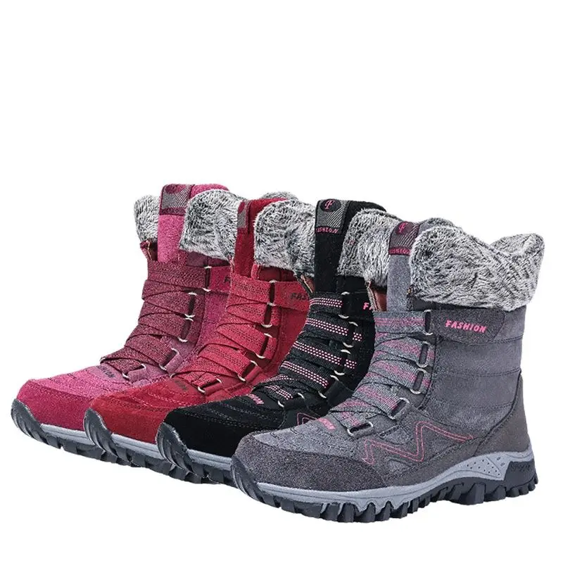 Genuine Leather Waterproof Women Snow Boots With Plush Fashion Antiskid Winter Shoes Size 35-42