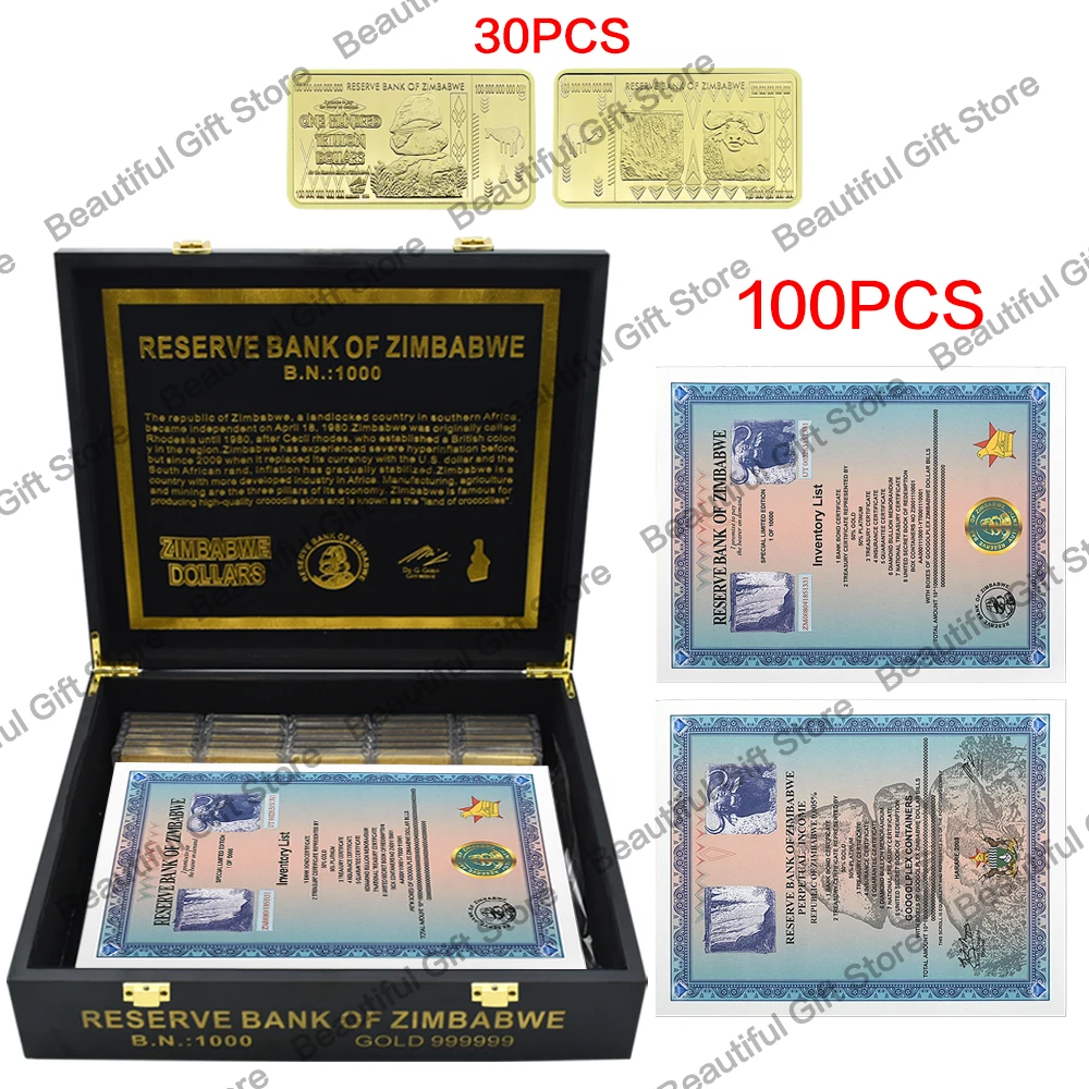 

Large Zimbabwe Certificate with Black Box and Gold Bar Googolplex Containers Banknotes with UV Light Series Number