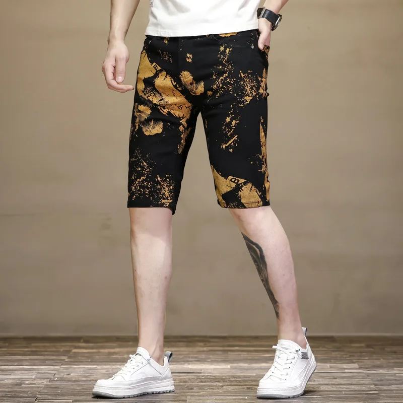 Summer Embroidered Men Black Denim Shorts Slim Fit Stretch Straight Mid Waist Pants Printed Camouflage Style Pure Cotton 3D 2024