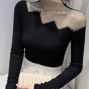 MadBlack 여름 유럽 의류 레이디 코튼 티셔츠 세련된 섹시한 패치 워크 샤이니 다이아몬드 여성 탑스 하프 슬리브 2023 티셔츠 t239409x