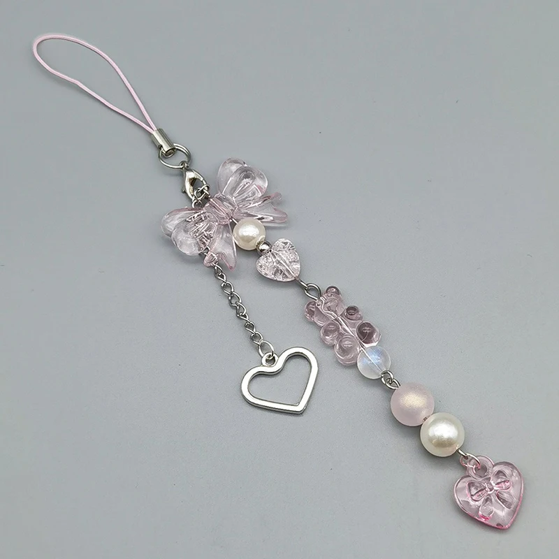 Charming Pink and Silver Bow & Heart Keychain Pendant - Cute Accessory
