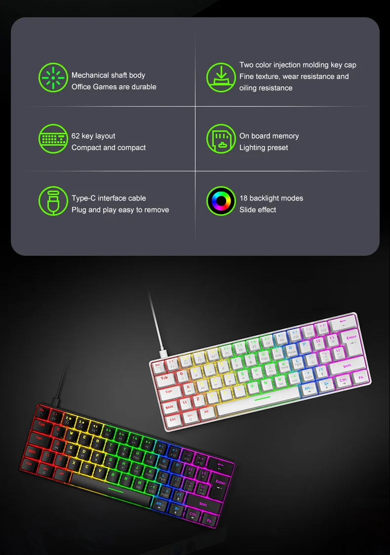 mecânico 62 teclas rgb 6400 dpi óptico