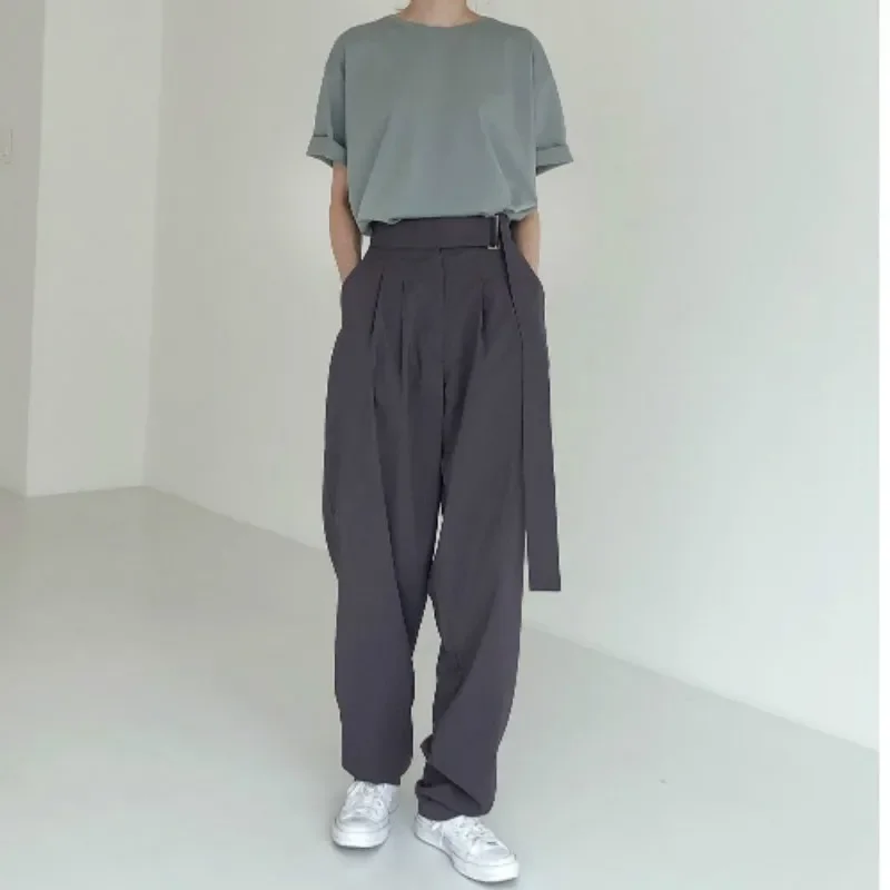 Autumn Winter Women Korean Casual High Waist Wide Leg Loose Solid Long Pants with Sashes Office Ladies Suit Pants Streetwear New