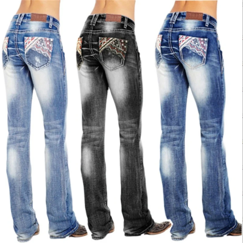 Casual High Waist Straight Pants New Hot Sale Women's Washed Flag Element Embroidered Jeans Pants Black Dark Blue Light Blue