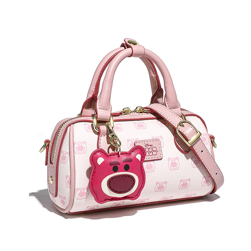 Disney Lotso Pink Boston Shoulder Bag Cartoon Strawberry Bear PU Leather Brand Bag Women Handbag Crossbody Bags With Pendant 3