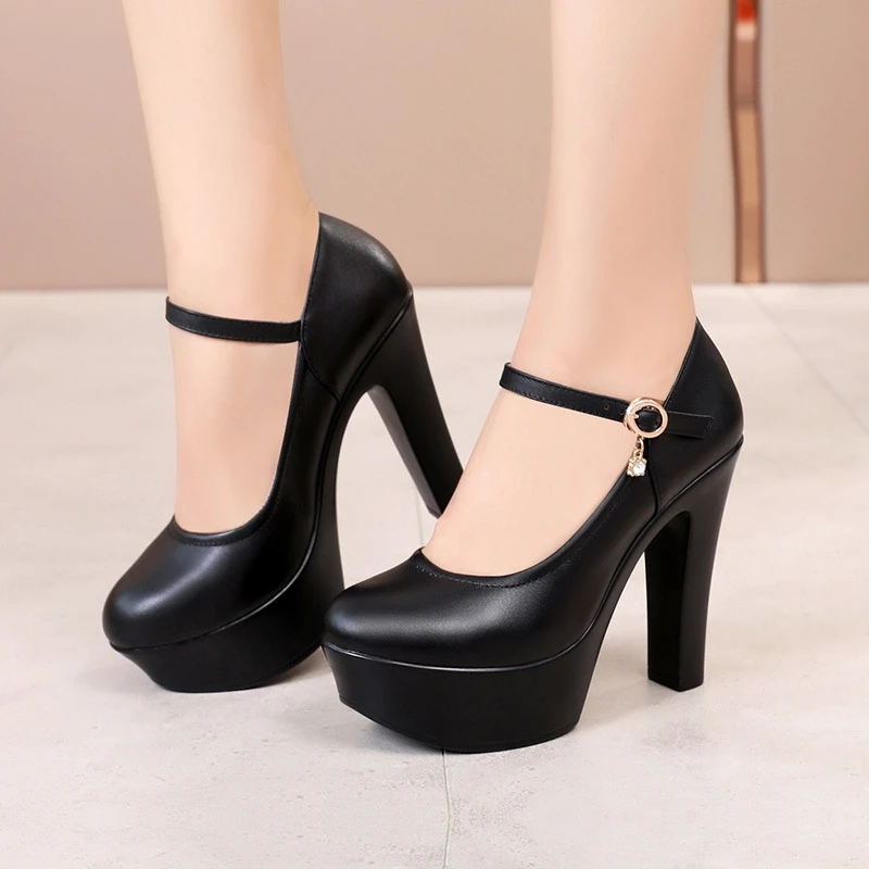2022 New Soft Leather Shoes Women Thick Platform Square High Heels Mary