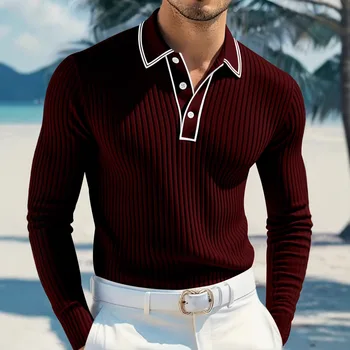 Polo a Maniche Lunghe da Uomo a Righe con Colletto, Casual, alla Moda, in Misto Poliestere Traspirante, Alta Elasticità, Lavabile in Lavatrice