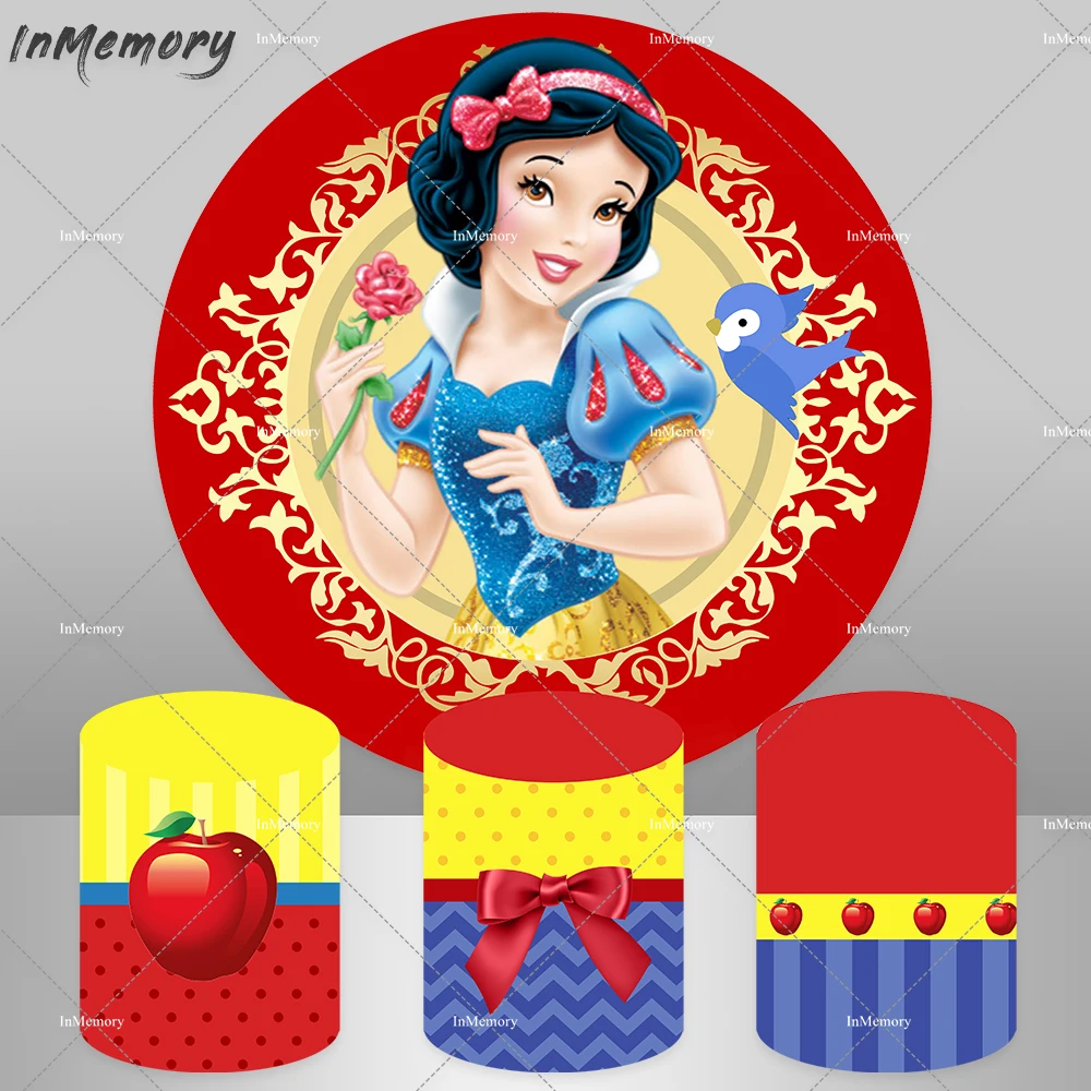 Neve Branca Princesa Meninas Círculo Redondo Pano de Fundo Crianças Festa de Aniversário Decoração Foto Fundo Vermelho Veneno Apple Cilindro Capa