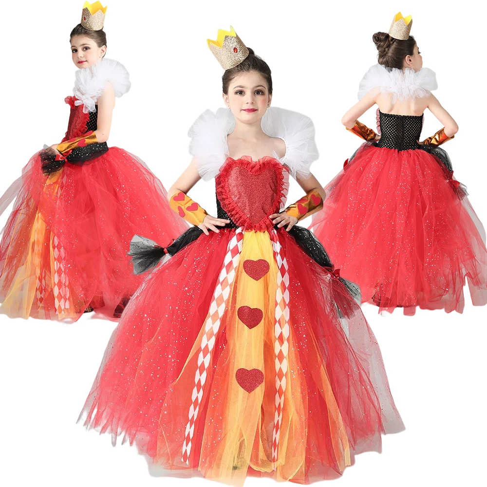 

Red Queen of Hearts Princess Dress Alice In Wonderland Cosplay Fancy Dress Delux Party Girls Halloween Carnival Cosplay Costume