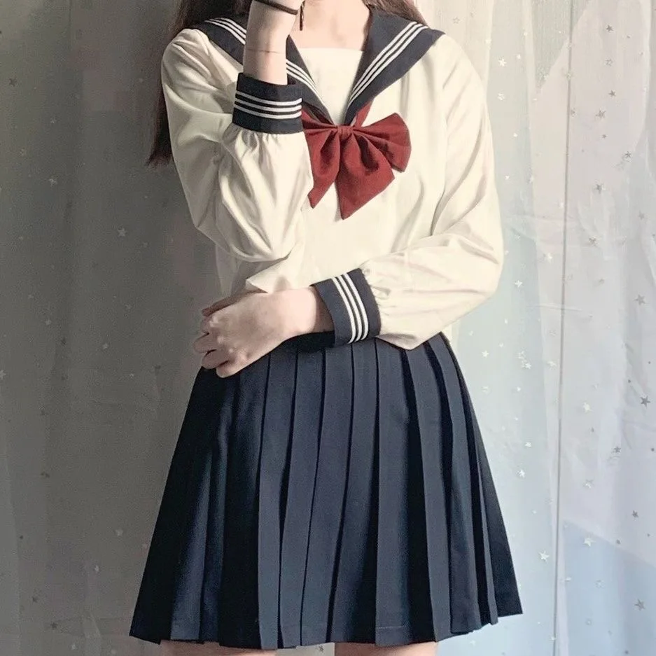 

Japanese School Uniform Girl Jk Suit Sexy Spring and Autumn Red Tie White Three Basic Sailor Uniform Women Long Sleeve Suit