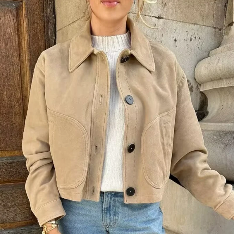 Jackets Coat Women's Outwear Khaki Cropped Clothes Elegant With Button Long Sleeve Tops inszart Streetwear Woman Fashion Jacket