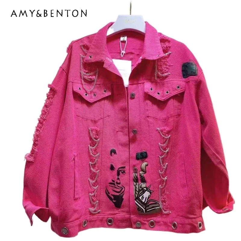 

2023 Spring And Autumn New Heavy Industry Female Ripped Chain Washed Denim Alphabet Graffiti Print Jacket Personality Jeans Coat