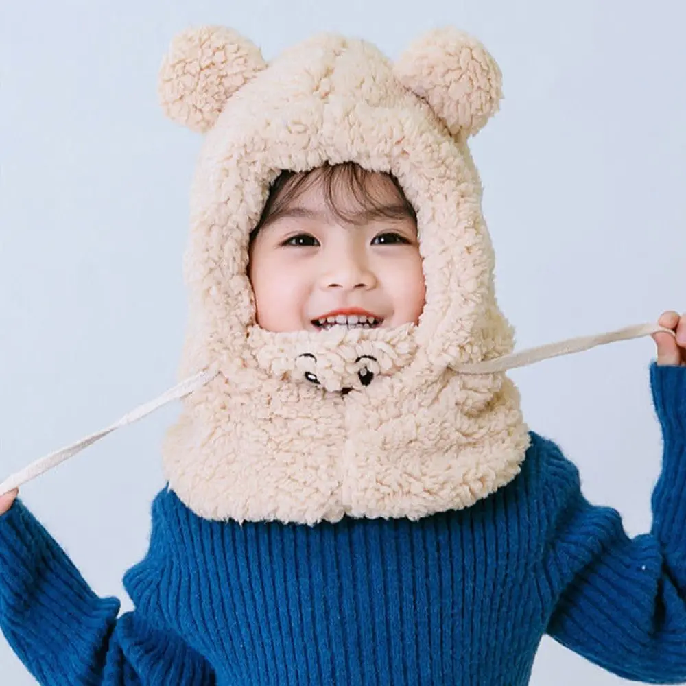 Lovely Comfortable Warm Plush Scarf Integrated Cap Cold-proof Bear Bomber Hat Bonnet Winter Cap Baby Hat lightweight baby ear protections bonnet lovely baby earflap hat infant strap cap