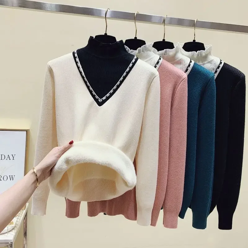 

Winter Thicken Half Turtleneck Sweater Women Pulls Warm Knitwear Velvet Lined Jumper Slim Soft Pullover Fake Two Pieces Tops
