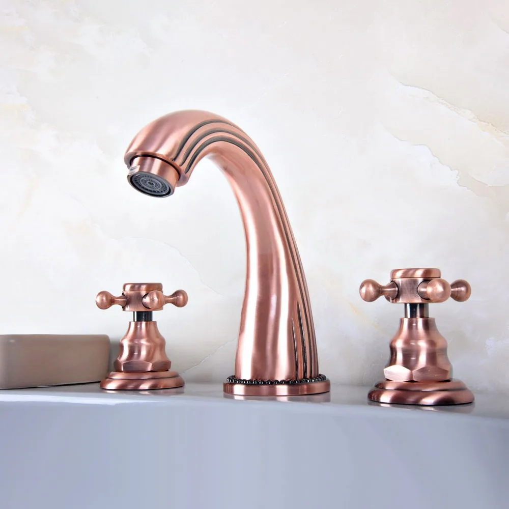 

Antique Red Copper Bathroom Basin Faucets Mixer Tap Hot & Cold Deck Mounted Widespread Bathtub Faucet Dual Handle 3 Hole trg079