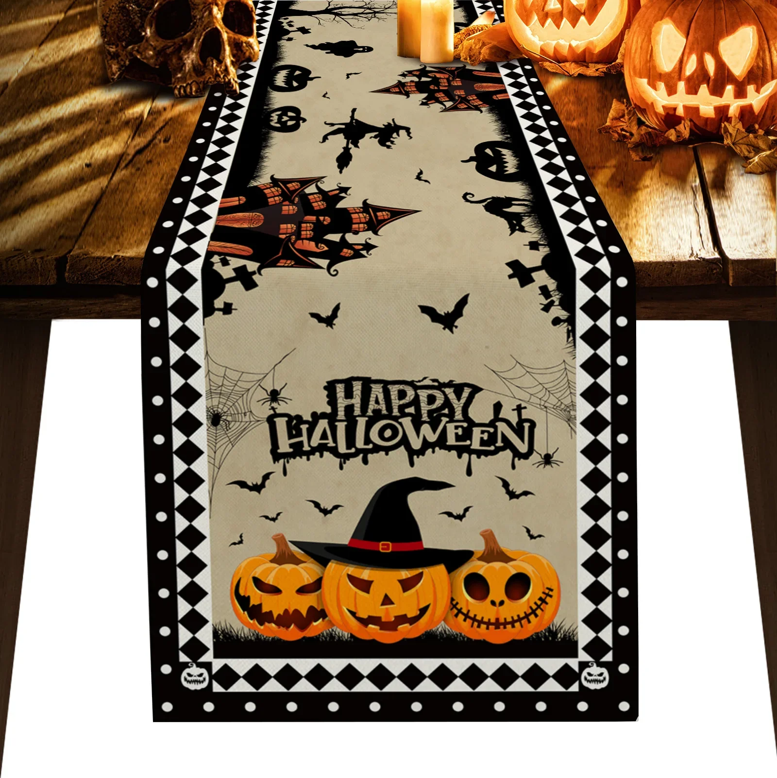 Runner Da Tavola Halloween A Forma Di Pipistrello - 33x183 Cm, Lino Morbido, Stampa Bianco E Nero, Decorazione Tavolo Festa A Tema