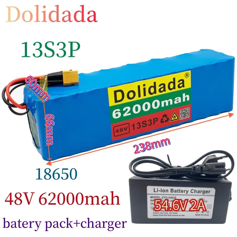 

62Ah 48V 13S3P Rechargeable Li-ion Battery Pack for Electric Bicycle Scooter with Built-in BMS XT60 Plug with 54.6V 2A Charger