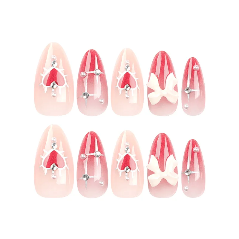 Fake Nails 24 PCs Valentine's Day Long Almond Shape Novelty Pearl Bow Love Nail 1 File 1 Jelly Glue