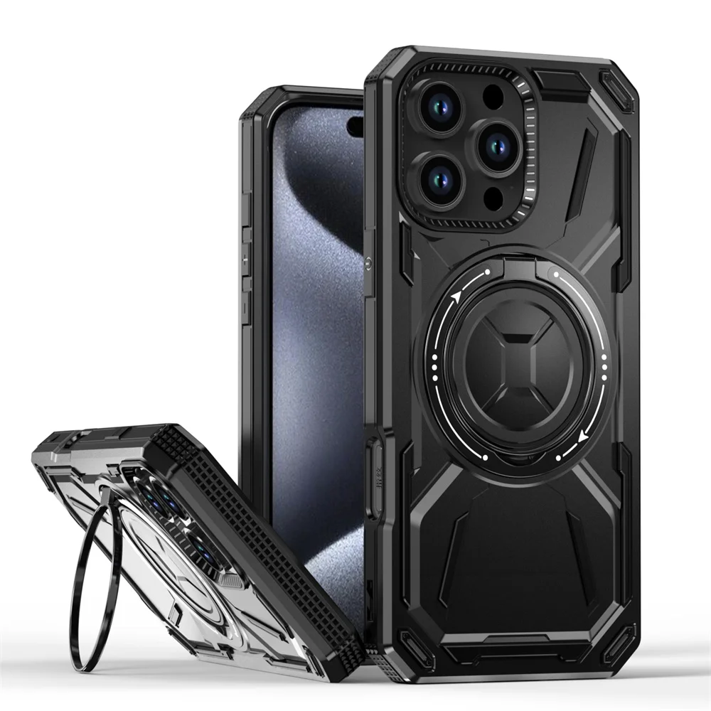 Coque de protection double couche avec support magnétique pour iPhone 16 15 14 11 12 13 Pro Max, étui de luxe avec support rotatif et pliable_voghion.com