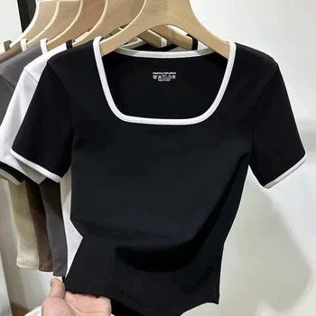 Simplicity Black Slim Short T Shirts Summer New Short Sleeve All-match Solid Color Casual Tops Tees Fashion Trend Women Clothing 1