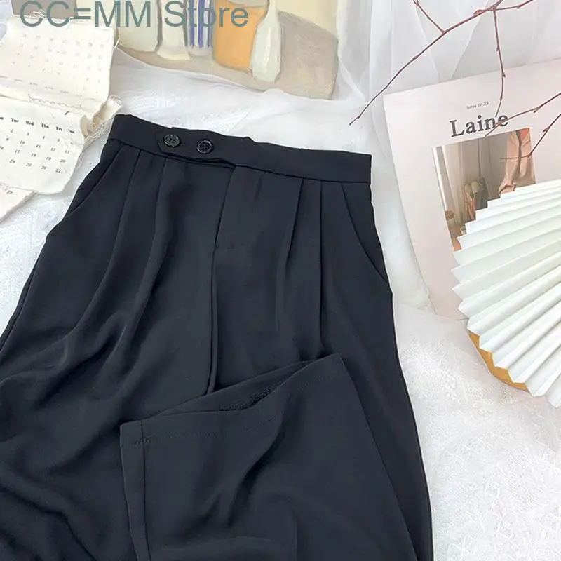 New High Waisted Suits Wide Leg Pants for Women Elegant Office French Style Full Length 2 Buttons Straight Trousers