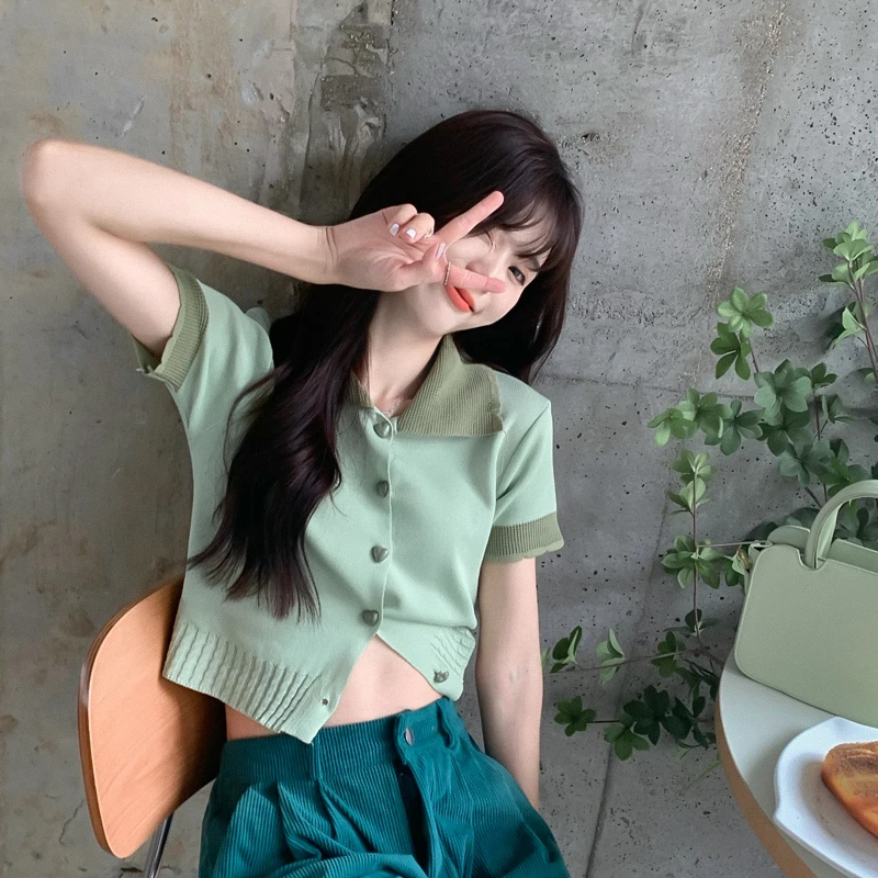 Real price summer new sweet aging contrast color doll collar love button short sweater |