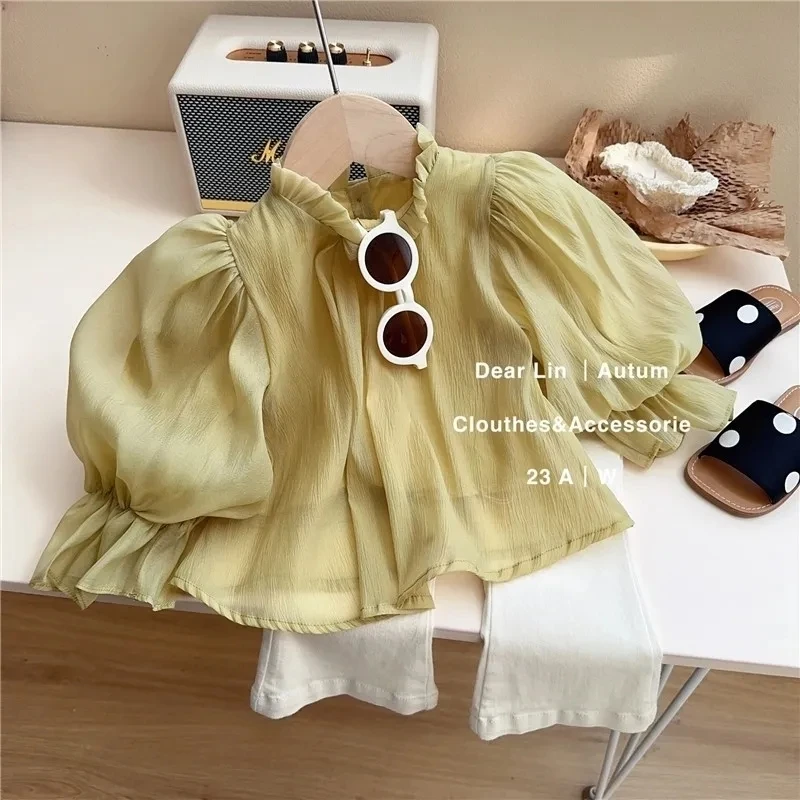 

Girls' Spring and Autumn Set 2023 New Children's Fashionable Bubble Sleeve Top and Trouser Fashion Two Piece Set