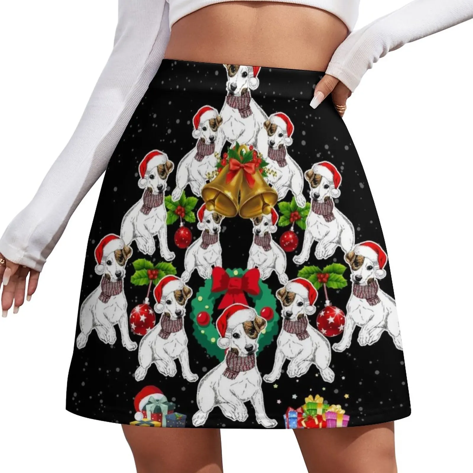 Dog Jack Russell Terrier Christmas Tree Fun Xmas Lights Gift Mini Skirt mini skirts dresses for prom modest skirts for women mini dresses merry christmas leopard tree pocket mini dress in red size xl