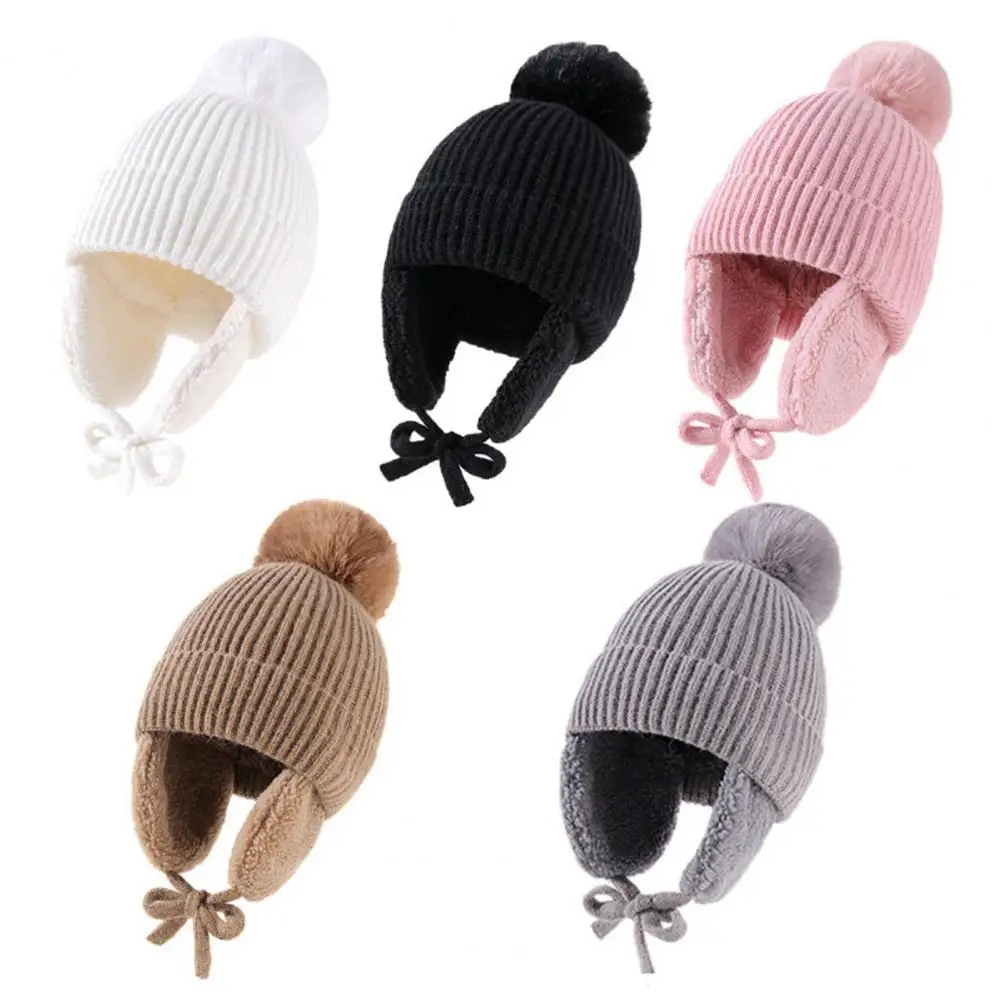 

Fur Ball Baby Winter Hat with Earflap Skiing Infant Bonnet Plush Lining Knitted Kids Beanie Children Cap Baby Accessories 2-6Y