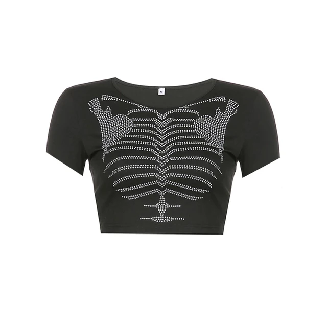 Rhinestone Skeleton Print T Shirts Gothic Clothing Grunge Cyber Y2k Clothes Sexy Black Long Sleeve O-neck Crop Top T-shirt Women Short Sleeve