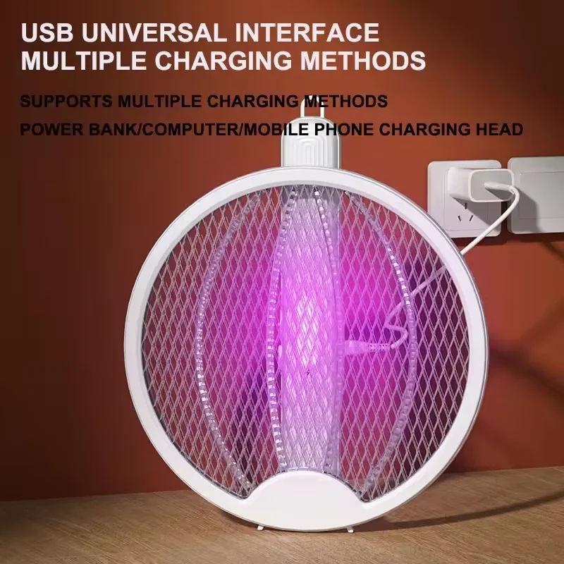 ไม้ตียุงแบบพับได้ไม้ตียุง2อิน1ไฟกับดักยุงและแร็กเกต USB ชาร์จไฟได้ไม้ตีแมลงวันไฟฟ้าสำหรับบ้านและกลางแจ้ง 1