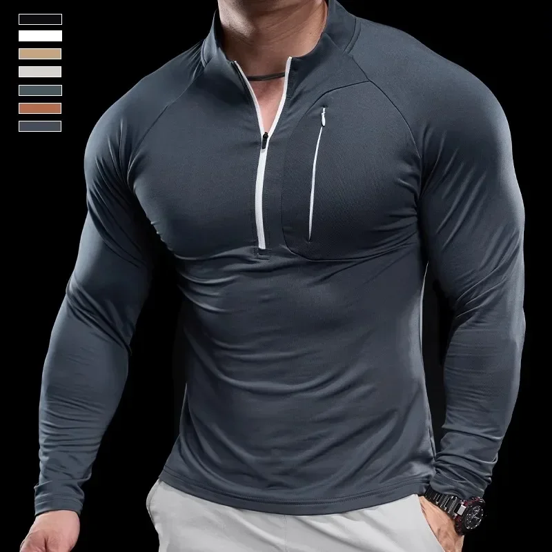 2024 New Men's Sports Gym Fitness Tops Running Training Clothes Round Neck Quick-drying Breathable Long-sleeved T-shirt Autumn 3