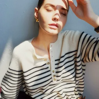 French crew-neck sweater Women's half-open neck breasted horizontal striped long sleeve pullover cashmere sweater loose knit top 1
