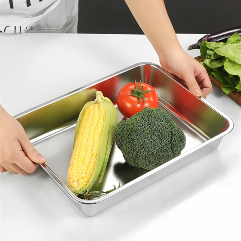 Storage Tray Kitchen Tray Stainless Steel Food Trays Rectangle Fruit Vegetables Storage Pans Cake Bread Biscuits Dish Bakeware Kitchen Baking Plates