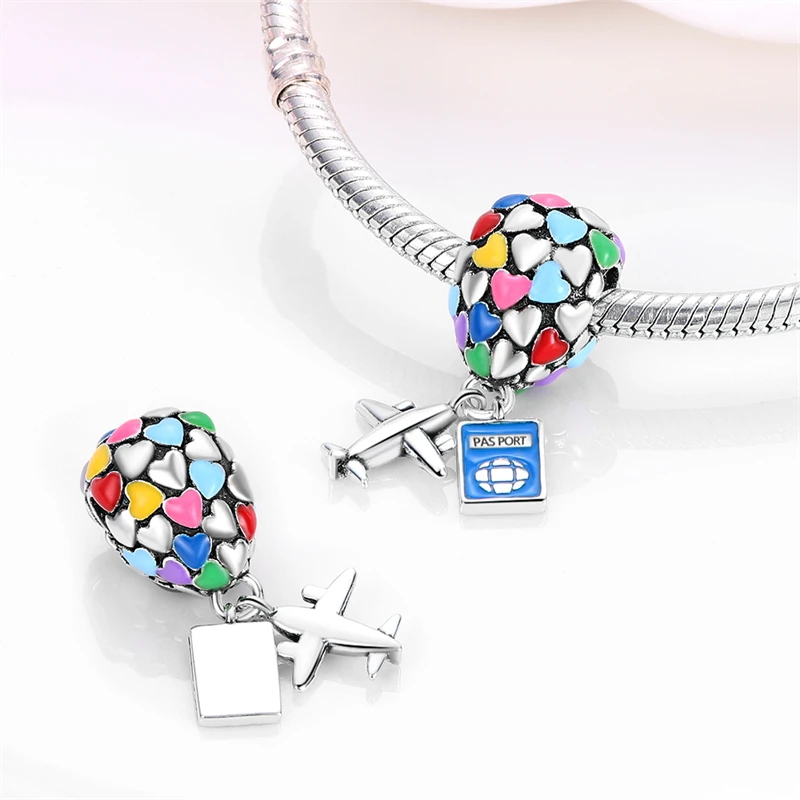Beads Charms 925 Sterling Silver Romantic Colored Heart-Shaped Hot Air Balloon Charm Fit Pandora Original Bracelet DIY Birthday Jewelry