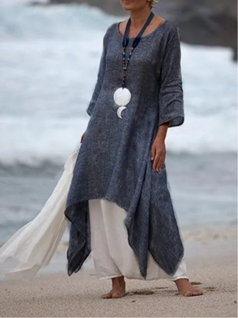 Women Fashion Irregular Leisure Loose Fitting Linen Shirt Tunic Pullover Blouse Baggy Tops Round Neck Comfy Dress Dark grey