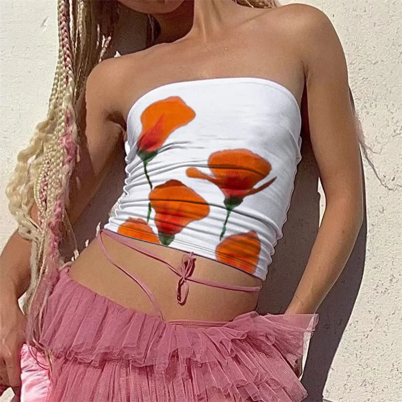 Top de tubo Y2K para mujer, con estampado floral estético, hombros descubiertos, sin tirantes, sin mangas, estilo bandeau, chaleco de los años 2000, ropa de calle para fiesta