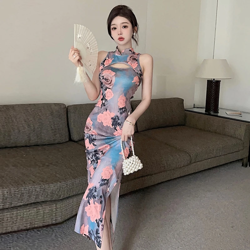 

Женское элегантное вечернее платье без рукавов в китайском стиле