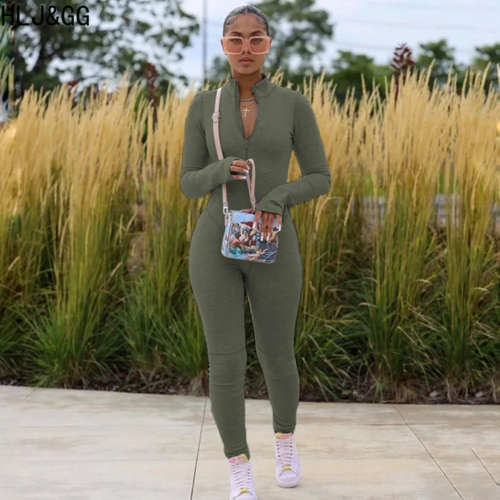 HLJ&GG Autumn Casual Zipper Sporty Jumpsuits Women V Neck Long Sleeve Bodycon Playsuits Female Solid Sporty Skinny Pants Overall