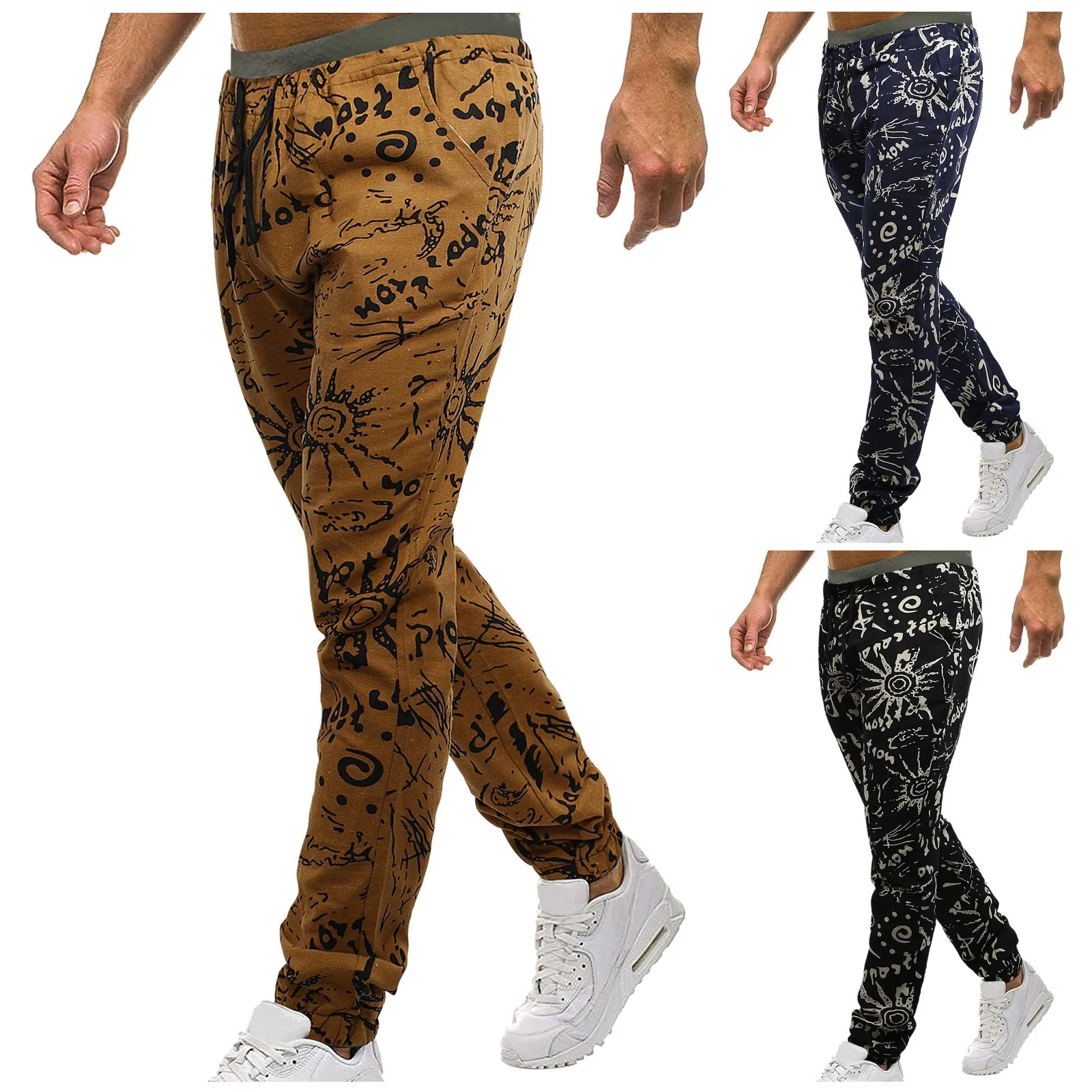 Men Casual Pants Retro Ethnic Style Mid-Waist Drawstring Printed Man Y2k Clothing With Pockets Gym Work Trousers Pantalones