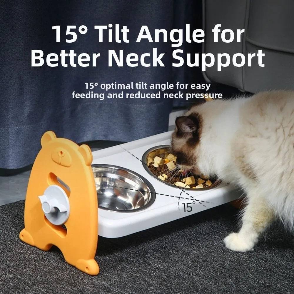 Double Bowls Pet High Footed Bowl 15 ° Slant Adjustable Height Cat Food Water Bowl Non-Slip Protect Cervical Spine