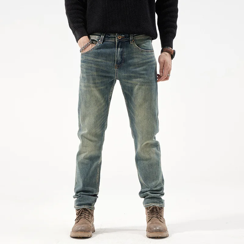 High quality long straight jeans for men big size stone wash cotton denim stretch fabric vintage trousers 2024 clothing - blue
