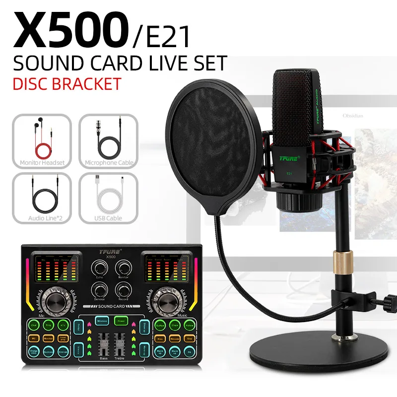 

X500 Sound Card Set E21 Studio Large Diaphragm Desktop Condenser Microphone Kit For Webcast Live Recording Singing Broadcasting