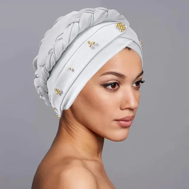 Women African Turban Head Wraps Caps Twisted Braid Knot Pre-Tied Bonnet Beaded Elastic Wrap Cap Headpiece 1