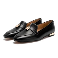 Women's Leather Loafers with Gold Lock Detail Square Toe Low Heel Penny Casual Office Slip-On Dress Shoes for Woman - Image 3